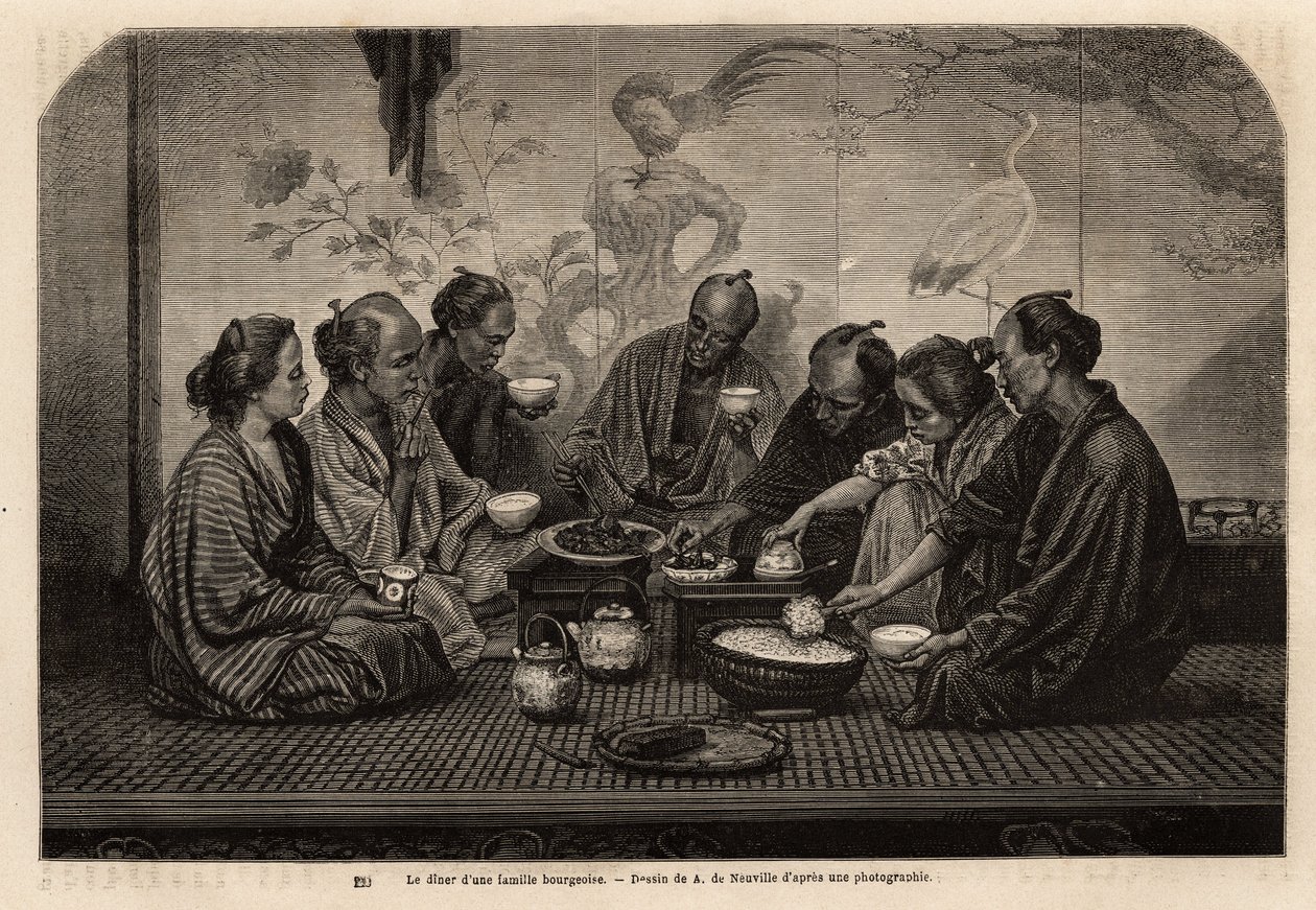 Bij het diner van een bourgeois familie, verzamelen mannen zich op een tatami, rond kleine koffietafels, eten rijst in een individuele kom en serveren vlees en groenten in een gemeenschappelijk gerecht, terwijl ze thee drinken, twee vrouwen verzorgen de be door Unknown artist