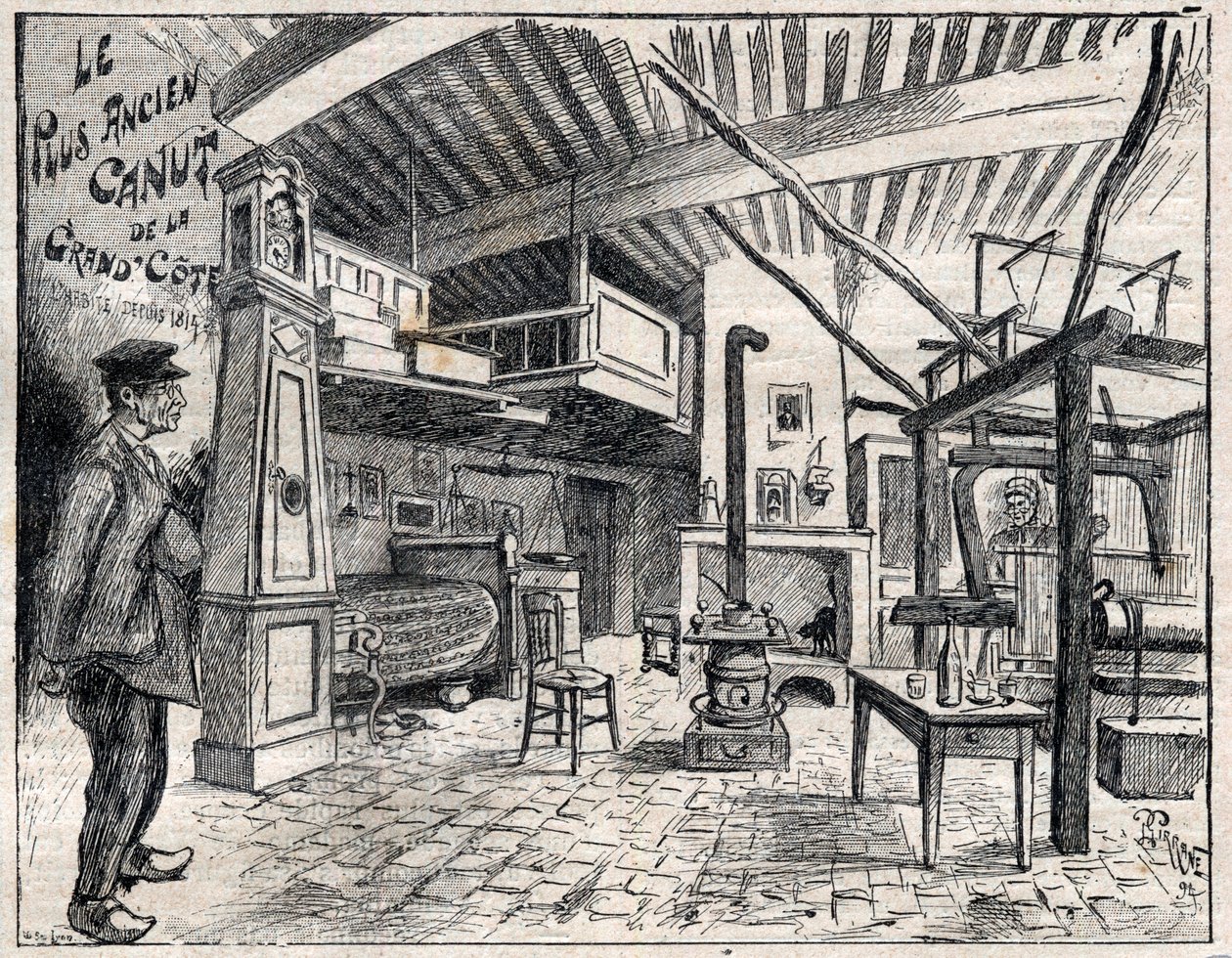 Atelier de Canut in Lyon - de oudste canut van de Grand Côte sinds 1814 - gravure in 