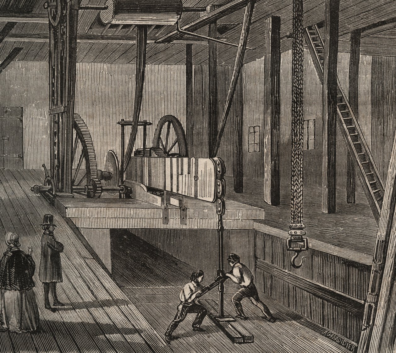 Atelier voor het boren van de artesische bron van Passy. Gravure uit 1856 in 