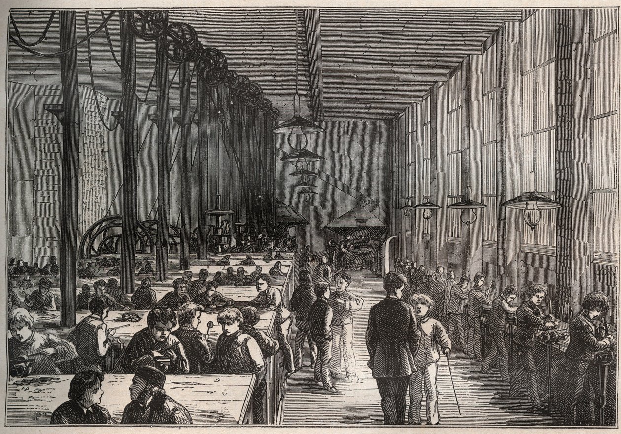 IJzerwerkplaats - Gemeentelijke vakschool aan de Boulevard de la Villette in Parijs in 1875 - gravure door Unknown artist