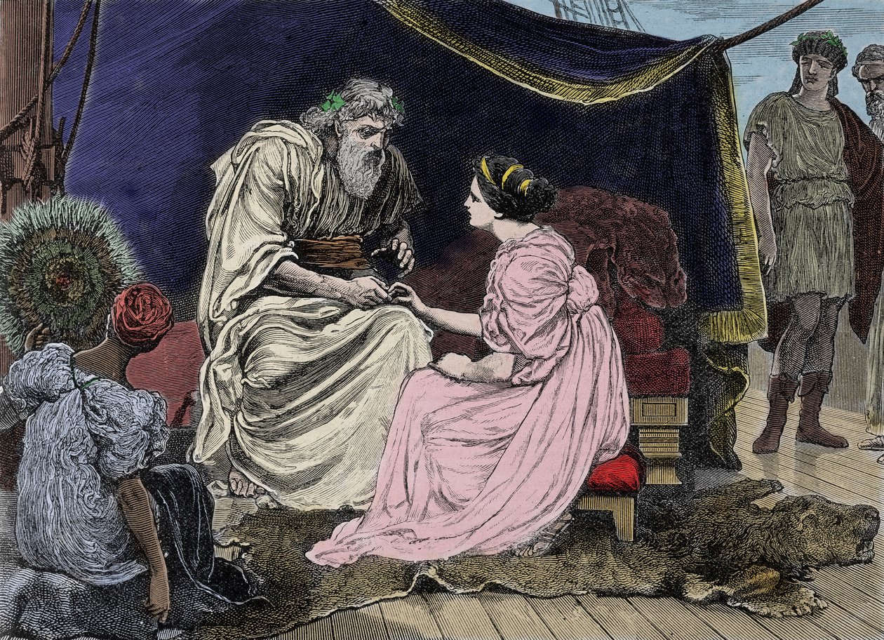 Atheense staatsman Pericles (495 v.Chr.-429 v.Chr.), een voorstander van democratie, met zijn dochter Marine. Gravure van de 19e eeuw (19-1233) door Unknown artist