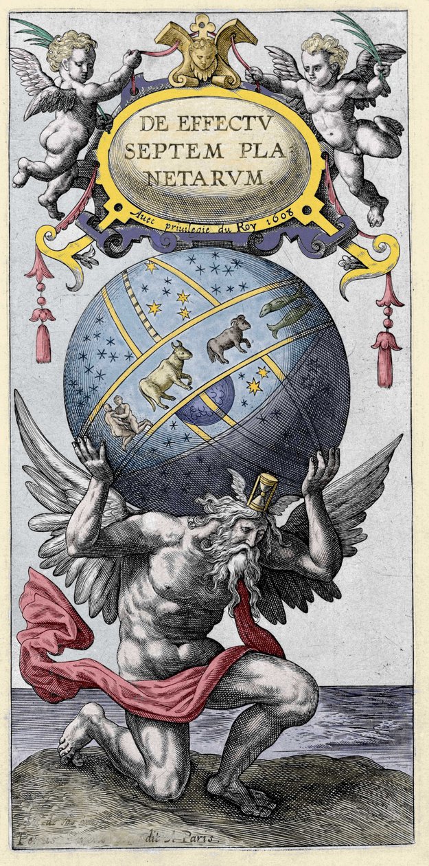Atlas draagt de wereld. Gravure uit het begin van de 17e eeuw. door Unknown artist