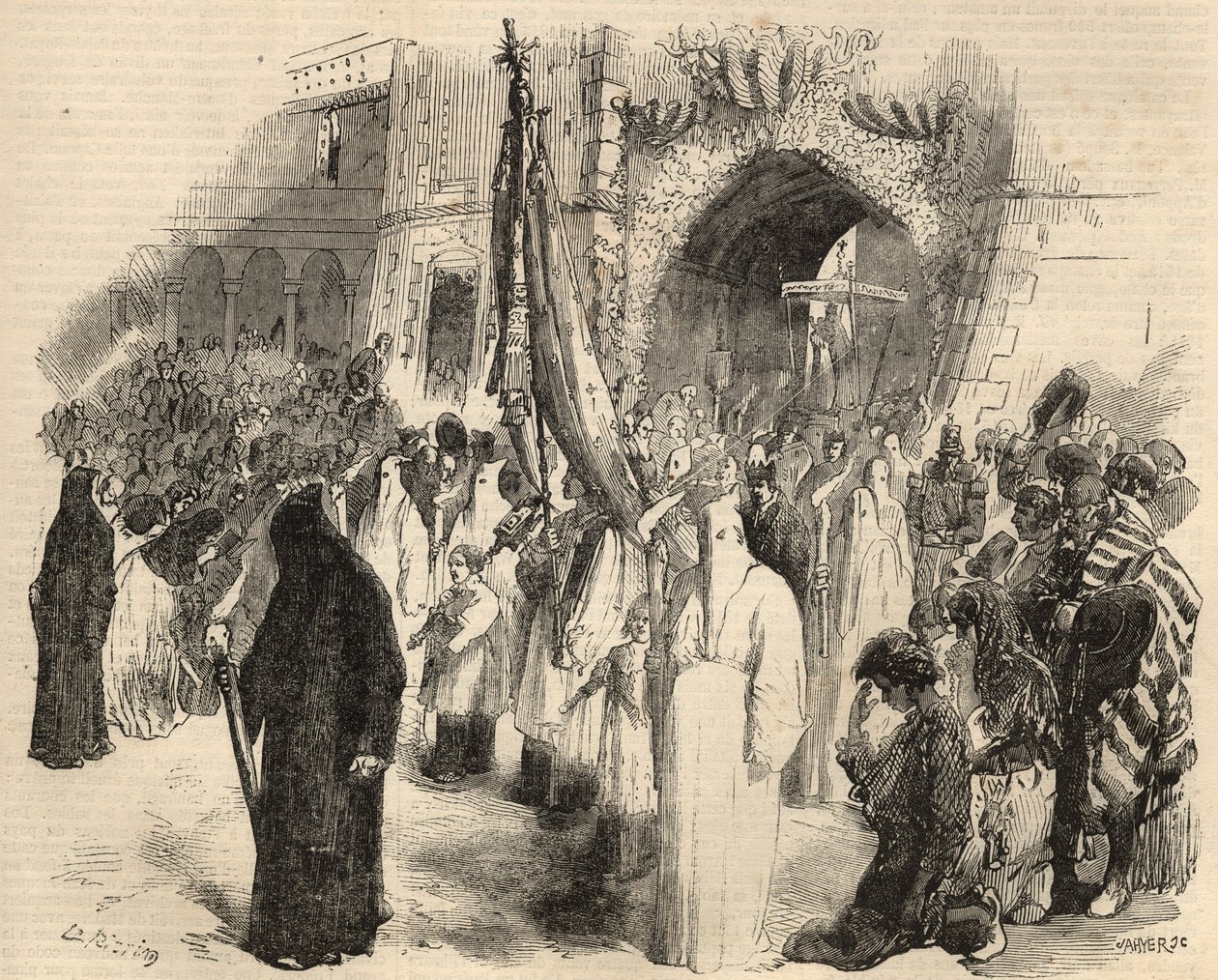 Boetedoeningstocht voor het stoppen van gele koorts in Lissabon, Portugal in 1857. Gravure in 