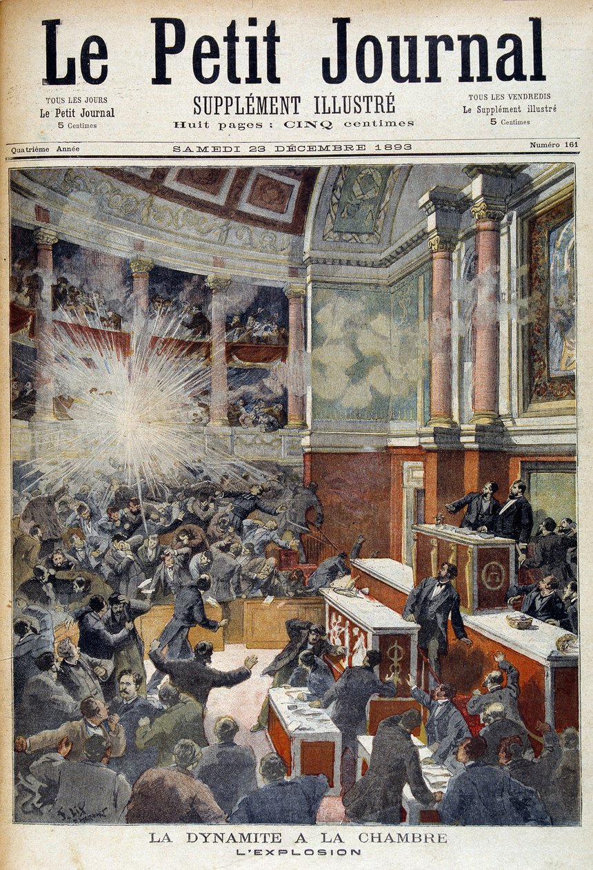 Aanslag in het Huis van Afgevaardigden. Explosie veroorzaakt door een bom geplaatst door de anarchist Auguste Vaillant (1861-1894). in 