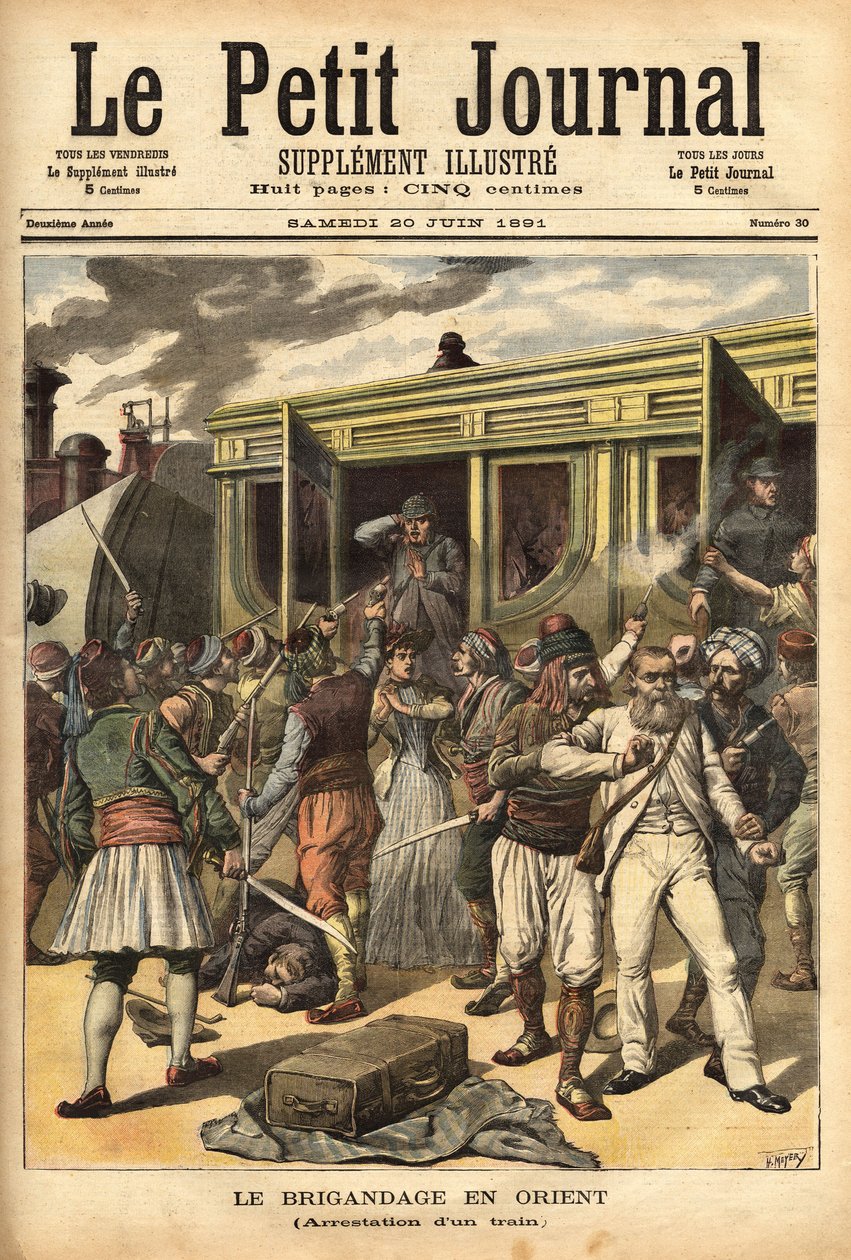 Aanval op een trein door rovers in de buurt van Cherkessklui, na het organiseren van de ontsporing van het konvooi, vangen Athanos en zijn rovers de passagiers om ze te ruilen voor een wrok. Gravure in 