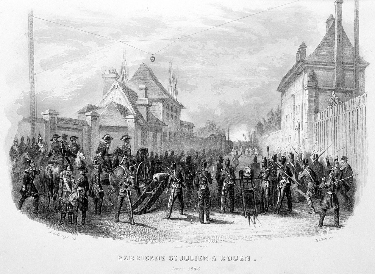 Barricade Saint Julien in Rouen, april 1848 - in "Fastes de Gardes nationales de France" door Unknown artist