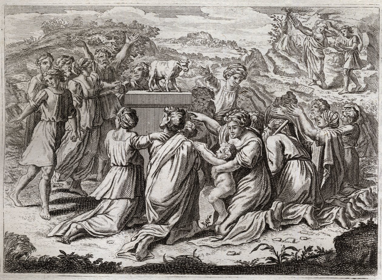 Royaumont Bijbel, Oude Testament: Aanbidding van het Gouden Kalf. Mozes ziet de Hebreeën en het gouden kalf, en breekt de Tafelen van de Wet. Illustratie uit 1811. door Unknown artist