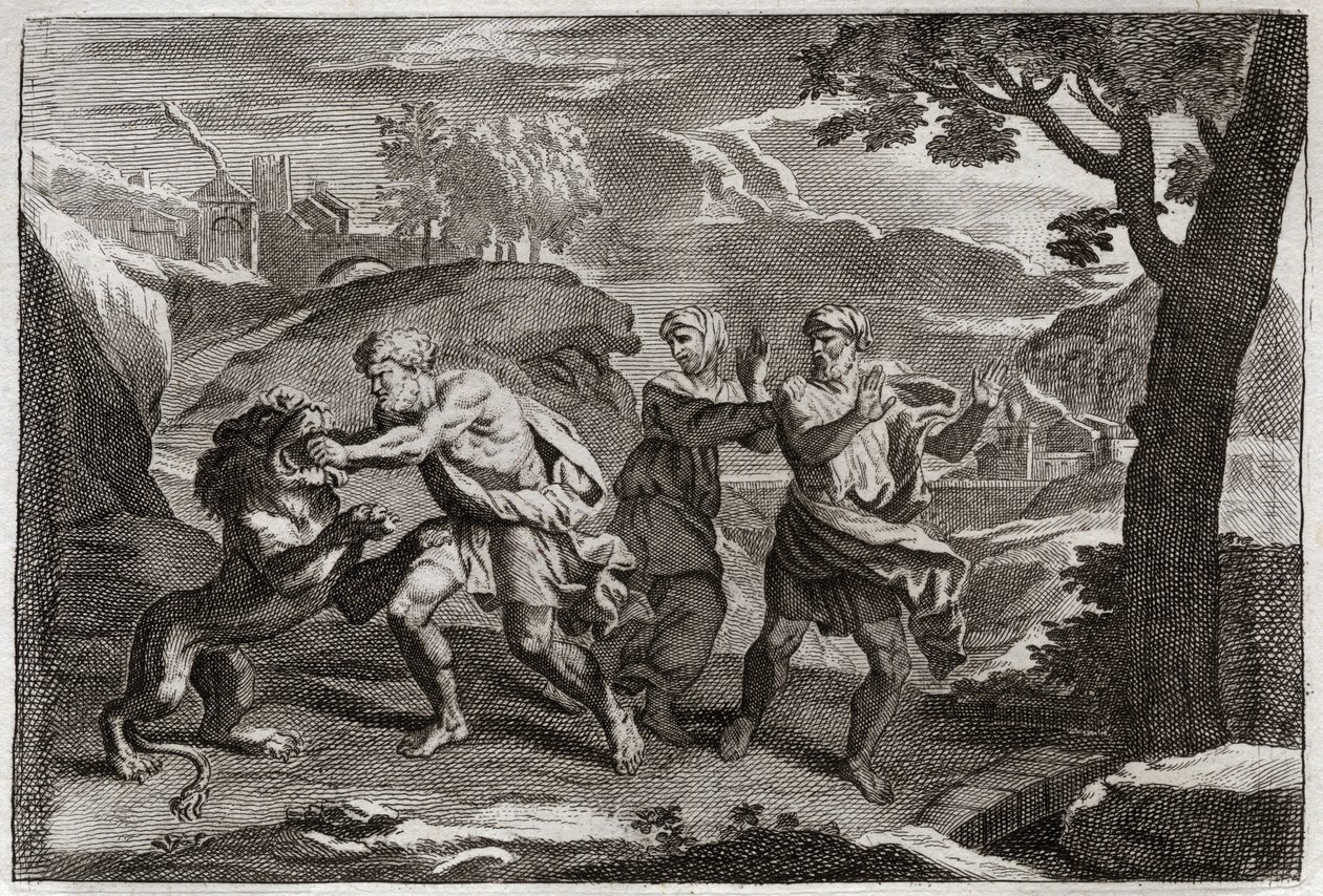 Bijbel van Royaumont, Oude Testament: Geboorte van Samson. Samson scheurt een leeuw in stukken. Illustratie uit 1811. door Unknown artist