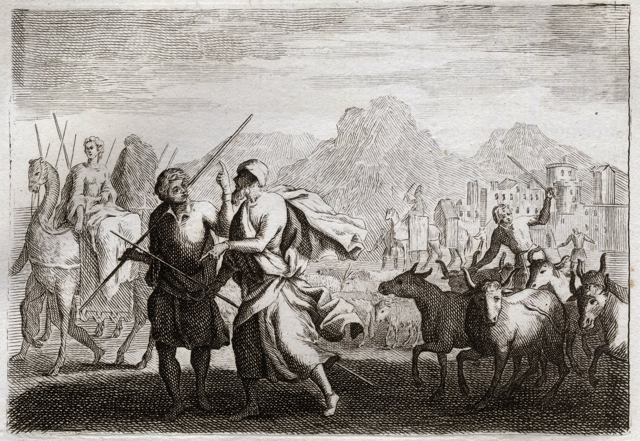 Bijbel van Royaumont, Oude Testament: Roeping van Abraham. God roept Abraham en beveelt hem het land van de Chaldeeën te verlaten om naar een land te gaan dat Hij hem beloofd heeft. Illustratie uit 1811. door Unknown artist