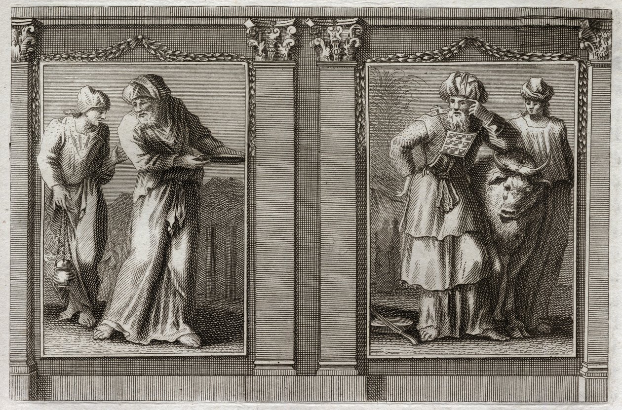 Bijbel van Royaumont, Oude Testament: Kleding van de priesters. Afbeelding van de kleding van de hogepriester en van de andere Levieten. Illustratie uit 1811. door Unknown artist
