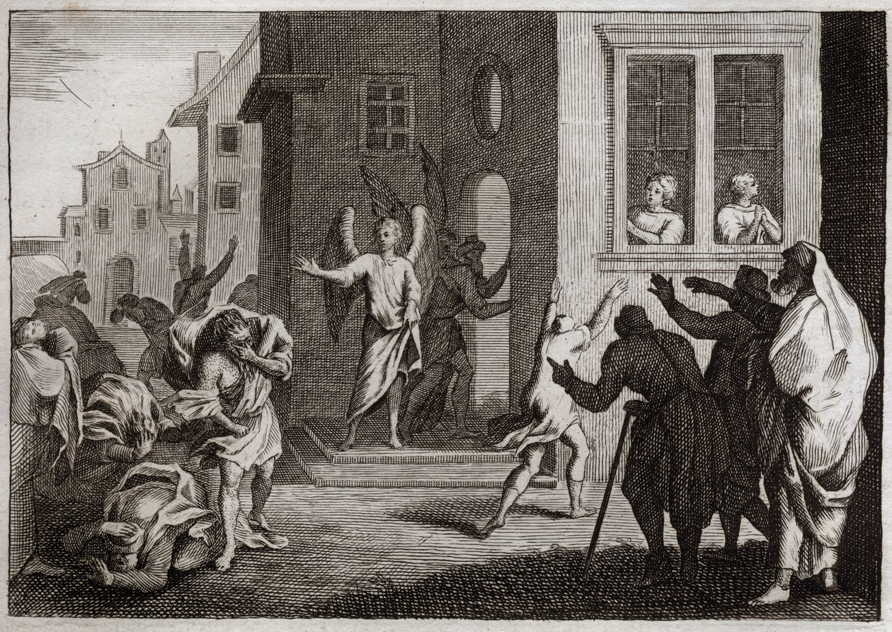 Bijbel van Royaumont, Oude Testament: Misdrijven van de Sodomieten. Lot ontvangt engelen in zijn huis. De Sodomieten (Sodom) willen hen geweld aandoen. De engelen slaan hen met blindheid. Illustratie uit 1811. door Unknown artist