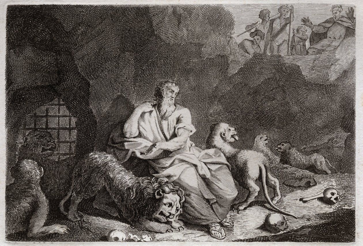 Bijbel van Royaumont, Oude Testament: Daniël in de leeuwenkuil. Daniël wordt in de leeuwenkuil gegooid en wordt wonderbaarlijk gered. Illustratie uit 1811. door Unknown artist