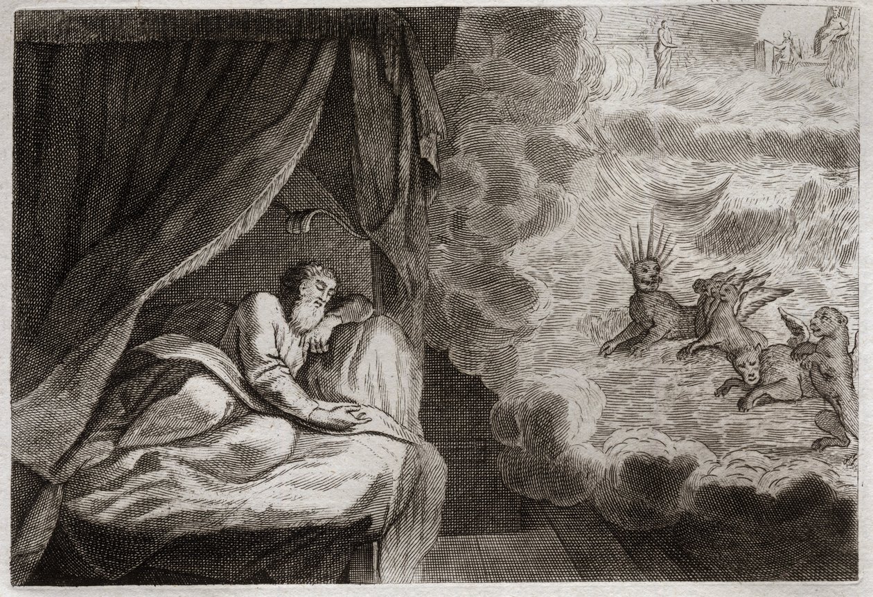 Bijbel van Royaumont, Oude Testament: Daniëls visioen van de vier monarchieën van Assyriërs, Perzen, Grieken en Romeinen. Ze zien vier monsters: Haniel, Kafziel, Azriel, Aniel. Illustratie uit 1811. door Unknown artist