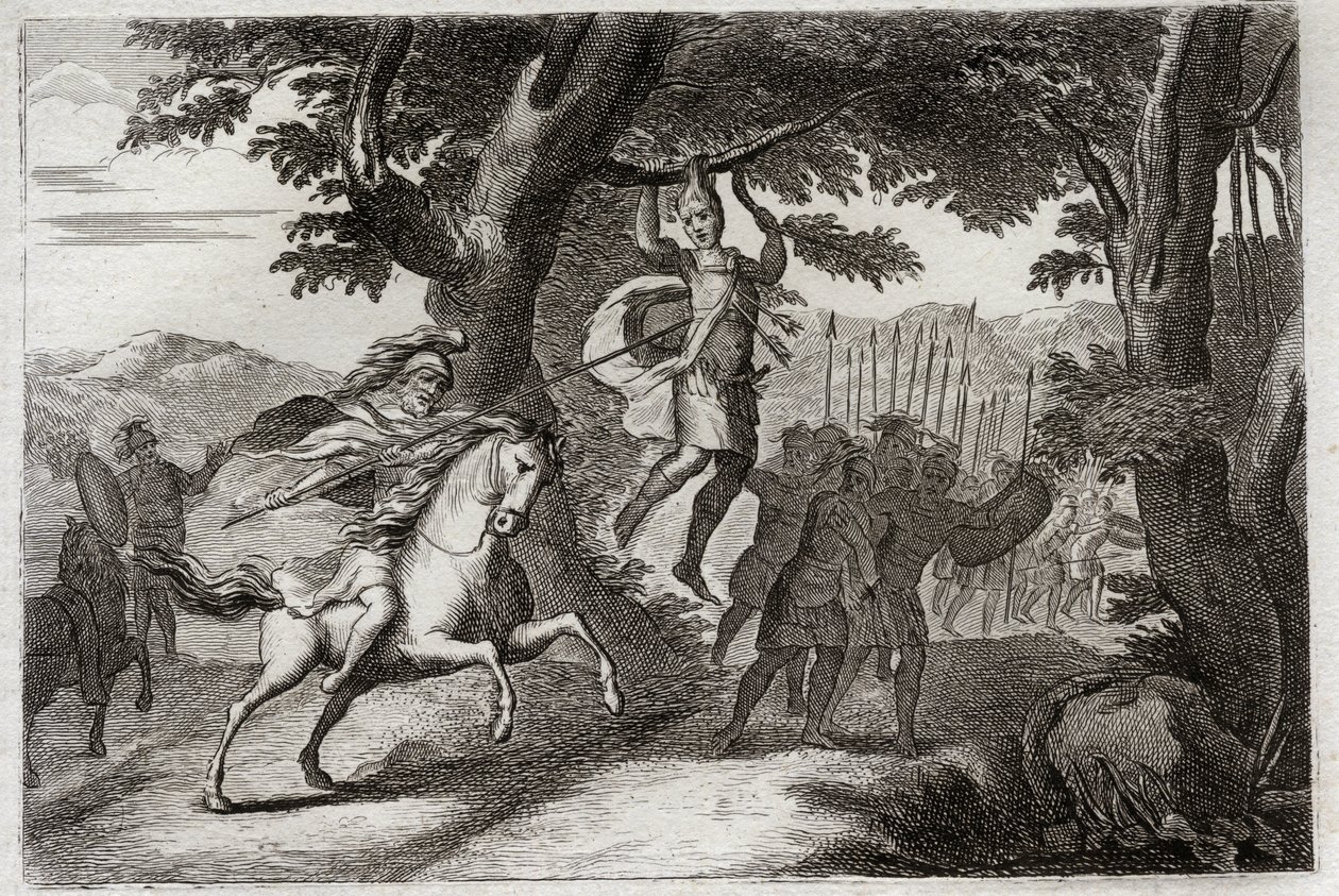 Royaumont Bijbel, Oude Testament: Dood van Absalom. Absalom vluchtend uit de strijd wordt bij zijn haar aan een eik vastgehouden, of Joab doorboort zijn hart met drie pijlen. Illustratie uit 1811. door Unknown artist