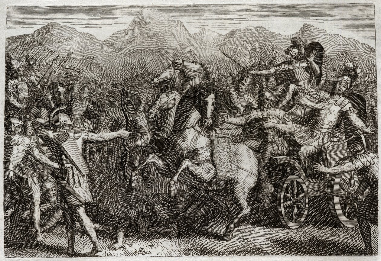 Royaumont Bijbel, Oude Testament: Dood van Achab. Achab voerde oorlog tegen Syrië en werd gedood door een willekeurige pijl. Illustratie uit 1811. door Unknown artist