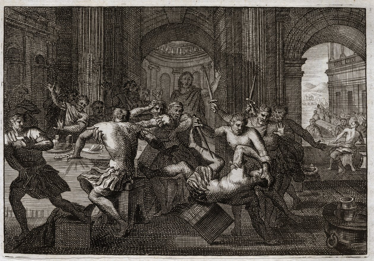 Bijbel van Royaumont, Oude Testament: Dood van Amnon. Absalom (of Avshalom, Absalon) verzoent zich met David en laat zijn broer Amnon (Ammon) vluchten naar een feest. David wordt gedwongen om uit Jeruzalem te vluchten en ondergaat deze vervolging met wonde door Unknown artist
