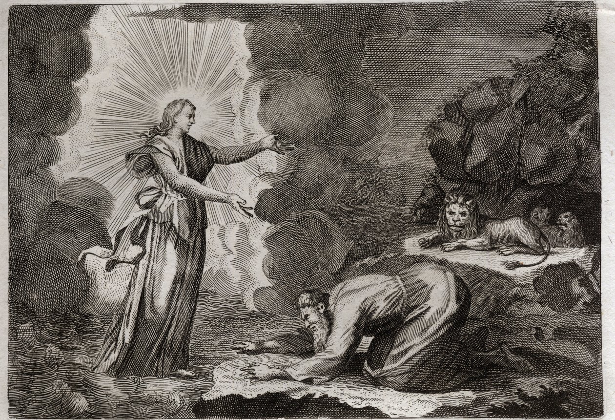 Bijbel van Royaumont, Oude Testament: Bevrijding van Daniël. Daniël, in de leeuwenkuil, wordt wonderbaarlijk gedronken. Illustratie uit 1811. door Unknown artist