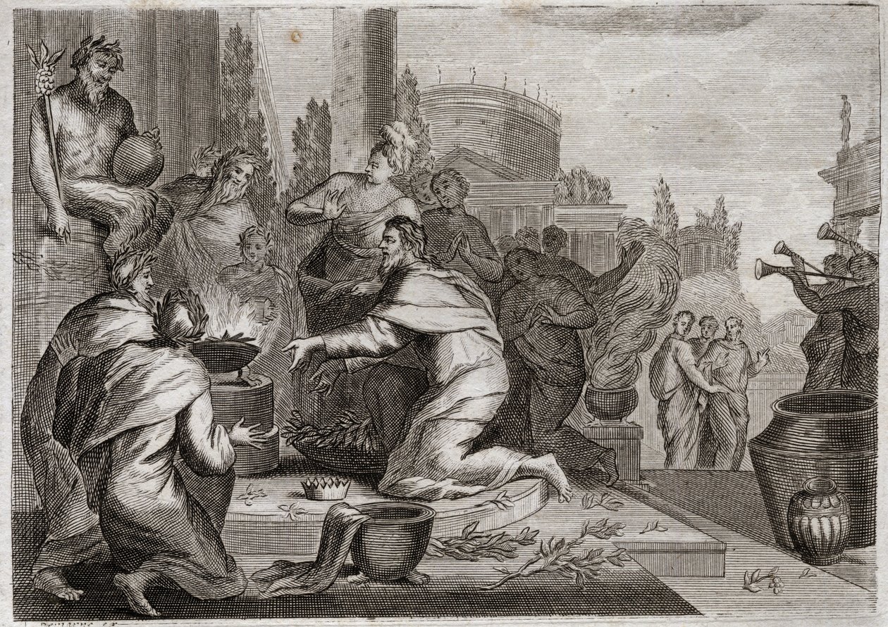 Bijbel van Royaumont, Oude Testament: Val van Salomo. Salomo wordt gecorrumpeerd door vrouwen en offert wierook aan de afgoden van de valse goden. Zijn dood. Illustratie uit 1811. door Unknown artist