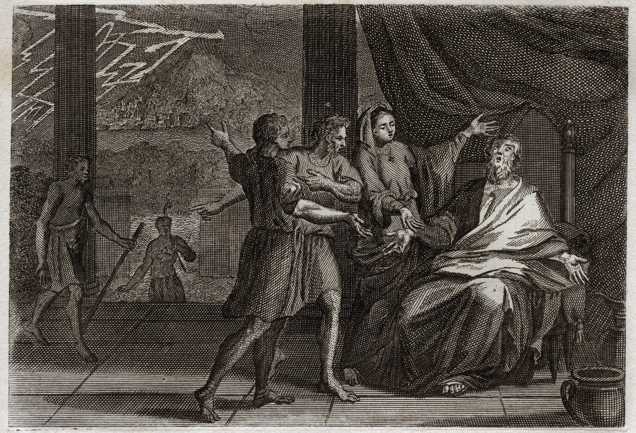 Bijbel van Royaumont, Oude Testament: Vrienden van Job. Job wordt in plaats van getroost door drie prinsen, zijn vrienden, die hem komen bezoeken, alleen maar verdrietig omdat ze hem schuldig willen laten lijken. Illustratie uit 1811. door Unknown artist