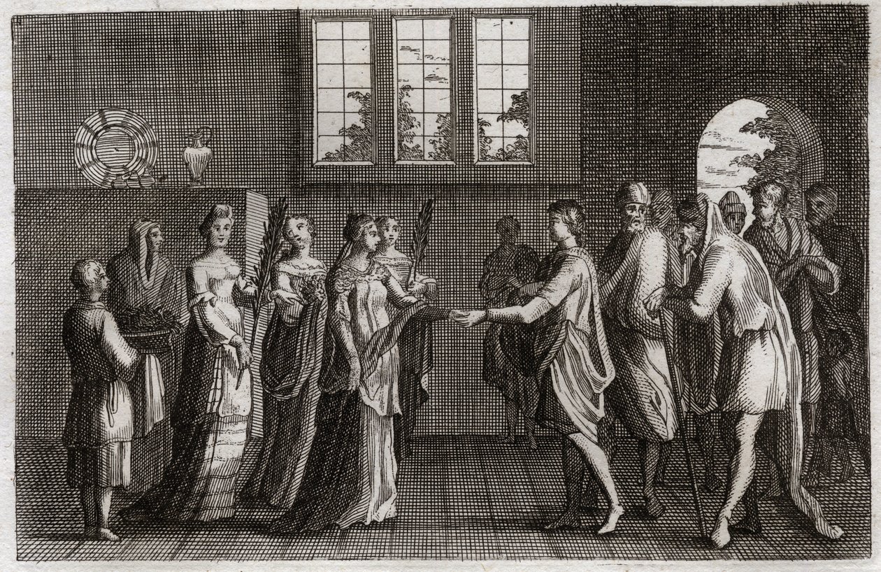 Bijbel van Royaumont, Oude Testament: Huwelijk van Isaac. Isaac, zoon van Abraham, trouwt met Rebecca. Illustratie uit 1811. door Unknown artist