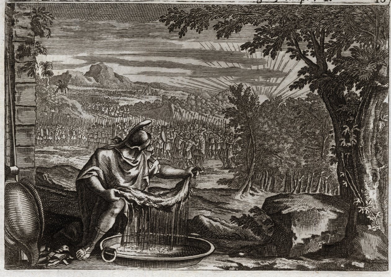 Bijbel van Royaumont, Oude Testament: Wonder van de Vacht. Gideon verkreeg van God het wonder van de vacht als bewijs dat hij hem had gekozen en dat hij hem de bevrijder van zijn volk zou maken. Illustratie uit 1811. door Unknown artist
