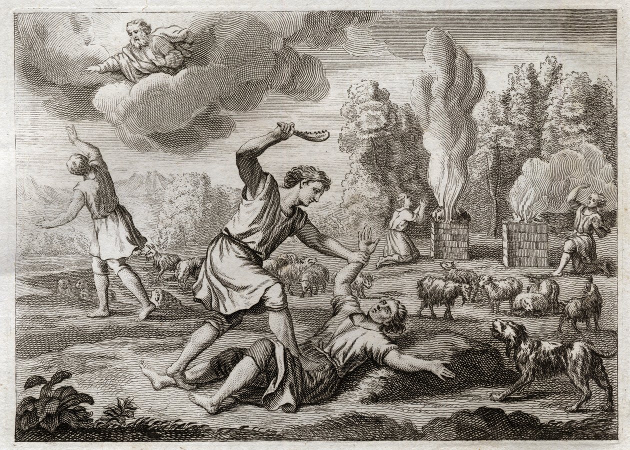 Bijbel van Royaumont, Oude Testament: Moord op Abel. Kaïn draagt zijn broer met afgunst tegen Abel, neemt hem mee naar het platteland alsof hij gaat wandelen, en doodt hem. Illustratie uit 1811. door Unknown artist