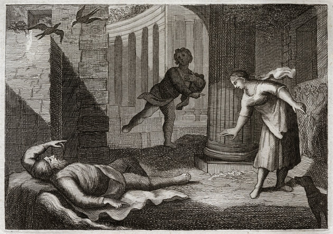 Bijbel van Royaumont, Oude Testament: Oude Tobit verliest zijn zicht. De heilige man Tobit verliest zijn zicht en verdraagt dit kwaad met uiterste geduld. Illustratie uit 1811. door Unknown artist