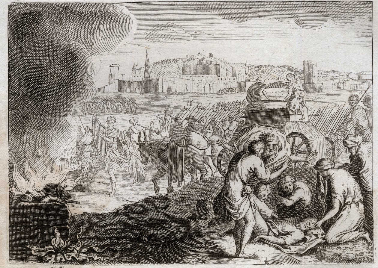 Bijbel van Royaumont, Oude Testament: Oza wordt door God getroffen. David wil de Ark van het Verbond naar huis brengen. Oza sterft omdat hij zijn hand uitstrekt om de ark tegen te houden. Illustratie uit 1811 door Unknown artist