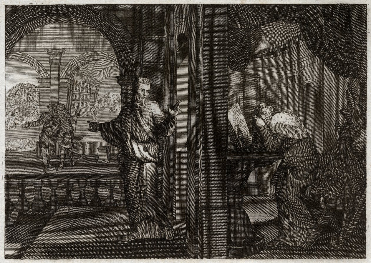 Bijbel van Royaumont, Oude Testament: Boetedoening van David. God stuurt zijn profeet Nathan naar David om zijn fout te vertegenwoordigen. Het berouw dat deze heilige koning ervan kreeg, maakt dat hij alle kwalen accepteert die de profeet hem voorspelde. I door Unknown artist