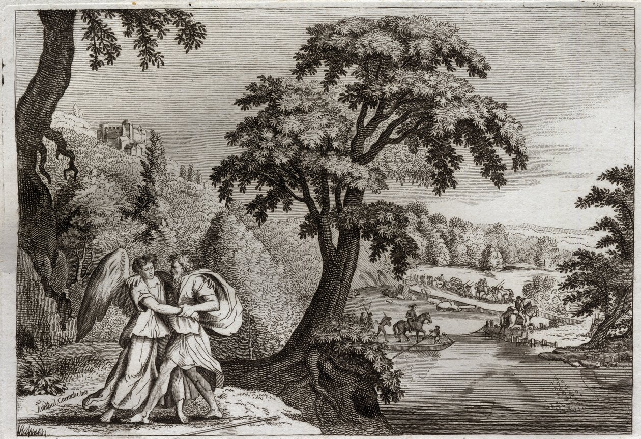 Bijbel van Royaumont, Oude Testament: Verzoening van Esau met Jakob. Jakobs wijsheid om Esau te verzachten. Zijn gevecht met de engel. Illustratie uit 1811. door Unknown artist