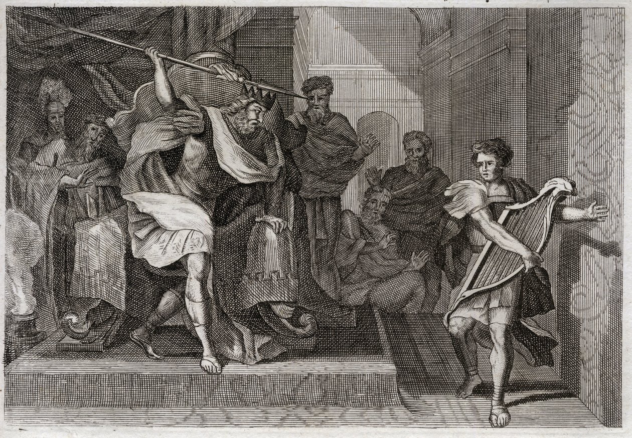 Royaumont Bijbel, Oude Testament: Saul wil David doden. Saul vol woede en jaloezie tegen David, wil hem met zijn speer doorboren terwijl hij voor hem harp speelde. Illustratie uit 1811. door Unknown artist
