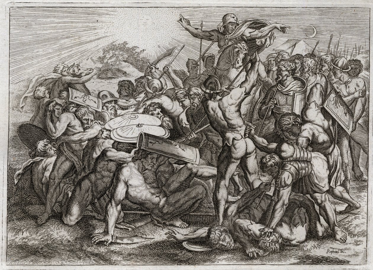 Royaumont Bijbel, Oude Testament: Zon stopt. Jozua achtervolgt zijn Amorietische vijanden en laat de zon stoppen, zodat hij meer tijd heeft om hen te verslaan. Illustratie uit 1811. door Unknown artist