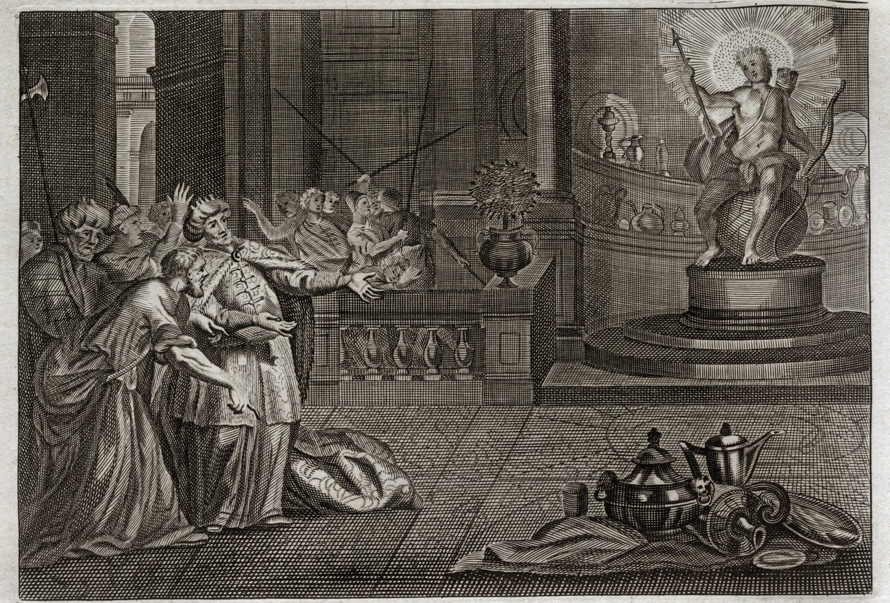 Bijbel van Royaumont, Oude Testament: Het afgodsbeeld van Bel. Daniël vernietigde het afgodsbeeld van Bel en doodde een draak die de Babyloniërs aanbaden. Illustratie uit 1811. door Unknown artist