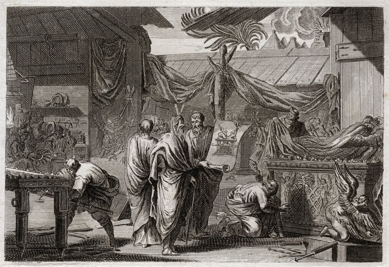 Bijbel van Royaumont, Oude Testament: De Tabernakel. Mozes laat de Tabernakel opzetten volgens het bevel dat hij van God had ontvangen. Illustratie uit 1811. door Unknown artist