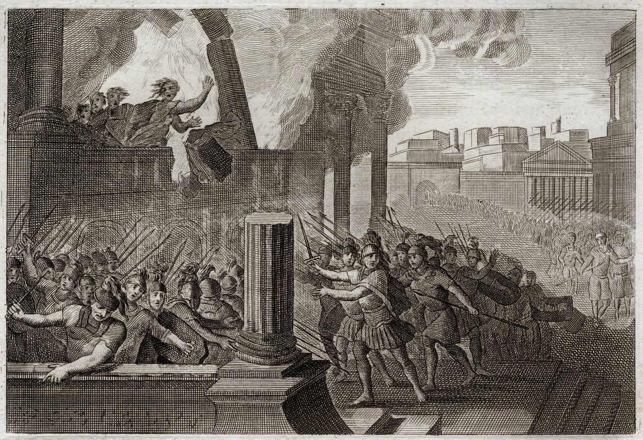Bijbel van Royaumont, Oude Testament: Zambri verbrandt zichzelf en zijn familie in zijn paleis. Illustratie uit 1811. door Unknown artist