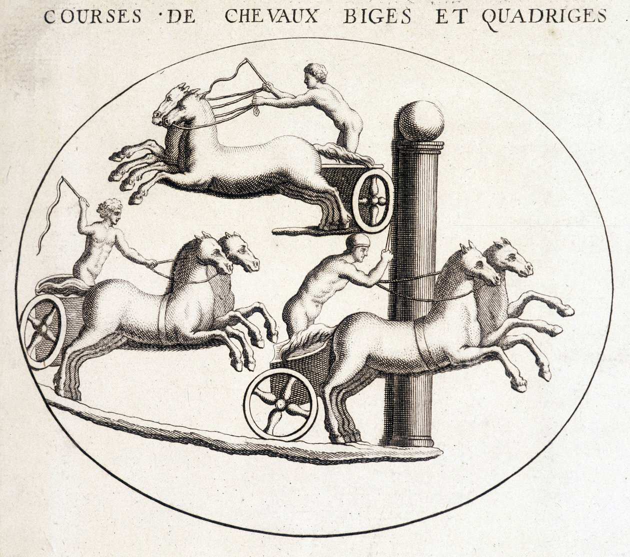 Biges en quadriges paardenraces. 19e-eeuwse gravure door Unknown artist