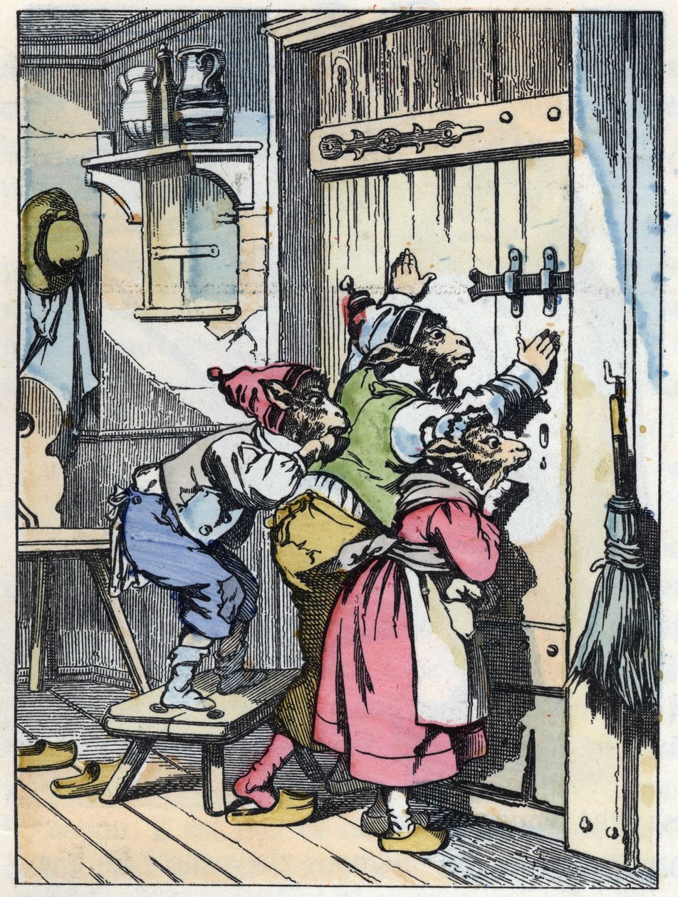 Biquets luisteren naar wie op de deur klopt. Illustratie van het sprookje 