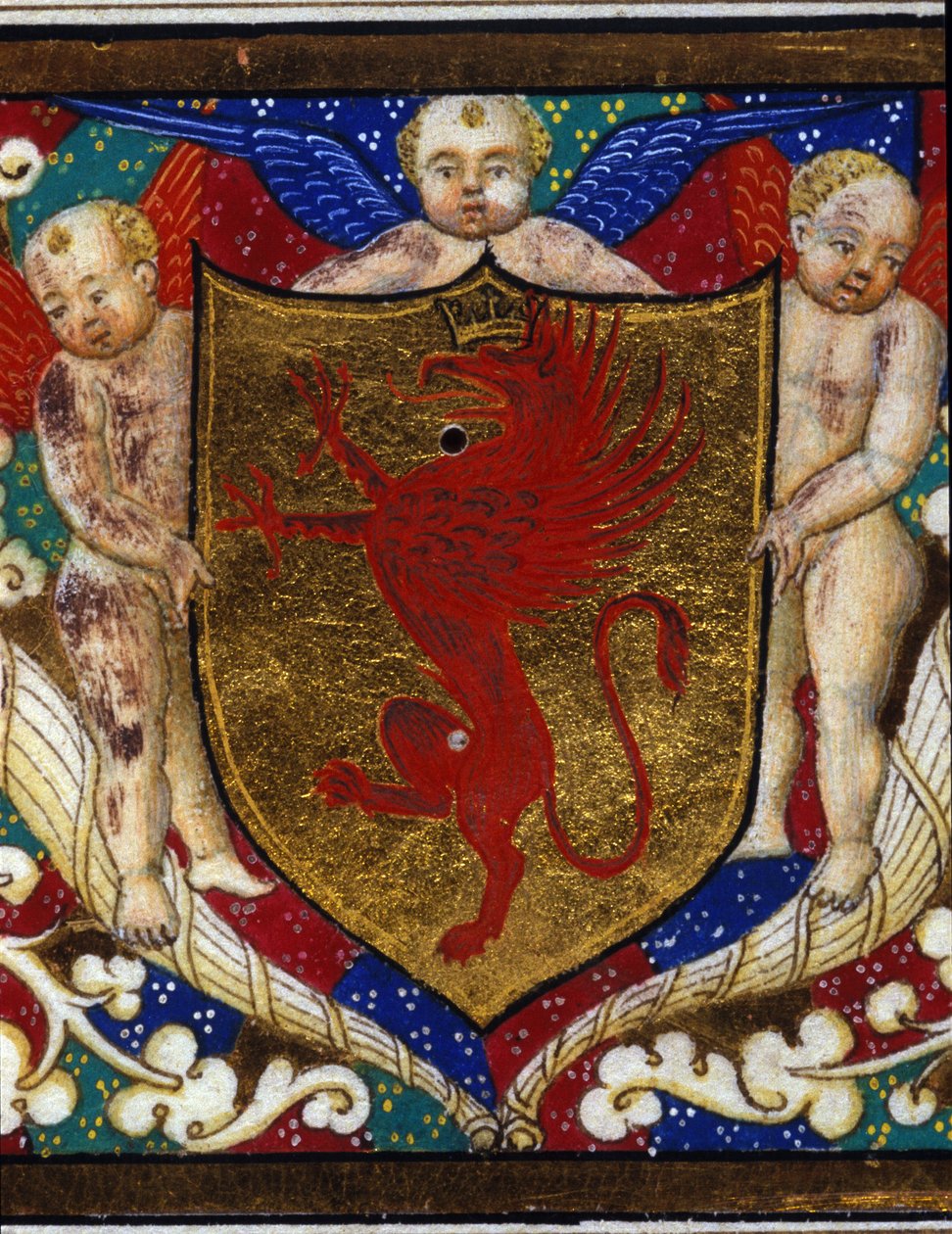 Wapen versiert een griffioenkroon op gouden achtergrond. Detail van een miniatuur. door Unknown artist