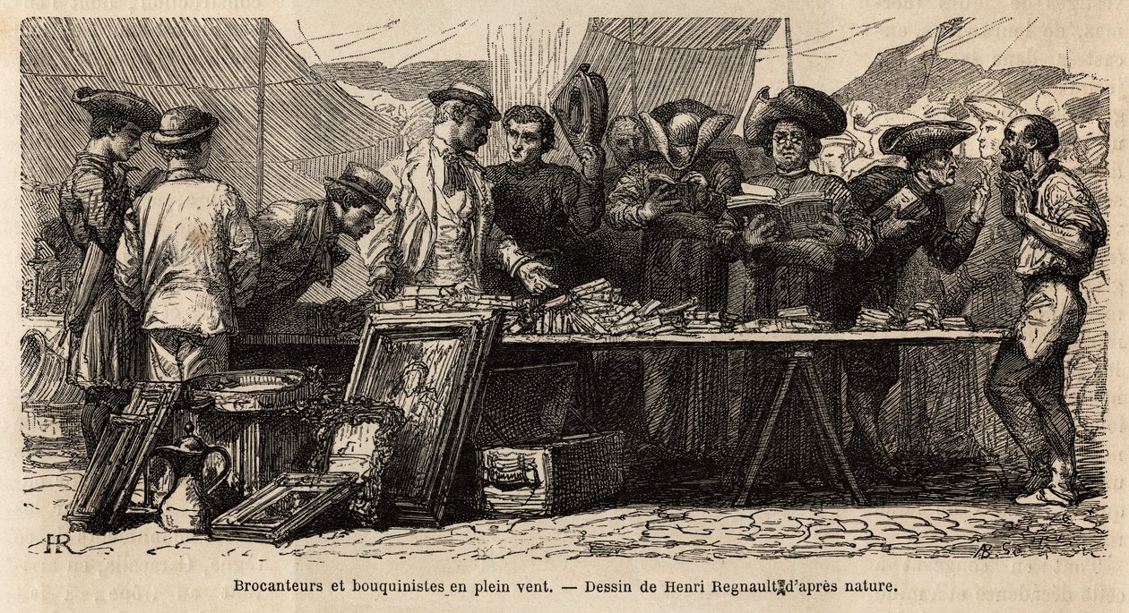 Boekverkopers en brocanteurs in de wind, nabij Montanara-plein, onder een opgezette tent, amateurs en geestelijken strijden om een rommelmarkt van antiek, sommigen lezen daar, anderen onderhandelen met gebaren. Gravure ter illustratie van de reis naar Rome door Unknown artist