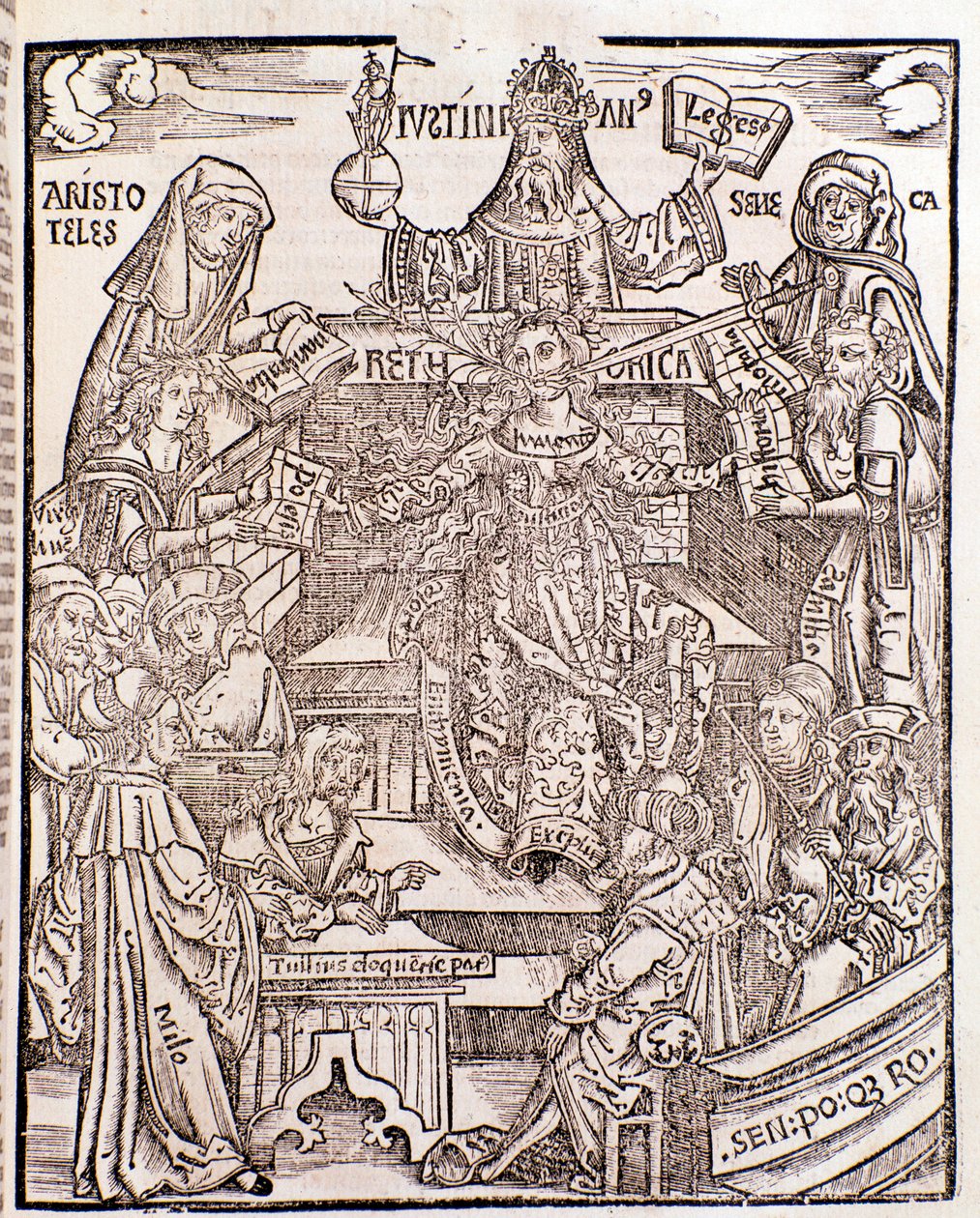 Tak van kennis vertegenwoordigd door Aristoteles (linksboven) vertegenwoordigt Natuurfilosofie, met Seneca die Moraalfilosofie vertegenwoordigt aan de rechterkant, de keizer Justinianus (midden boven). De vrouw in het midden heeft een zwaard en een bloeien door Unknown artist