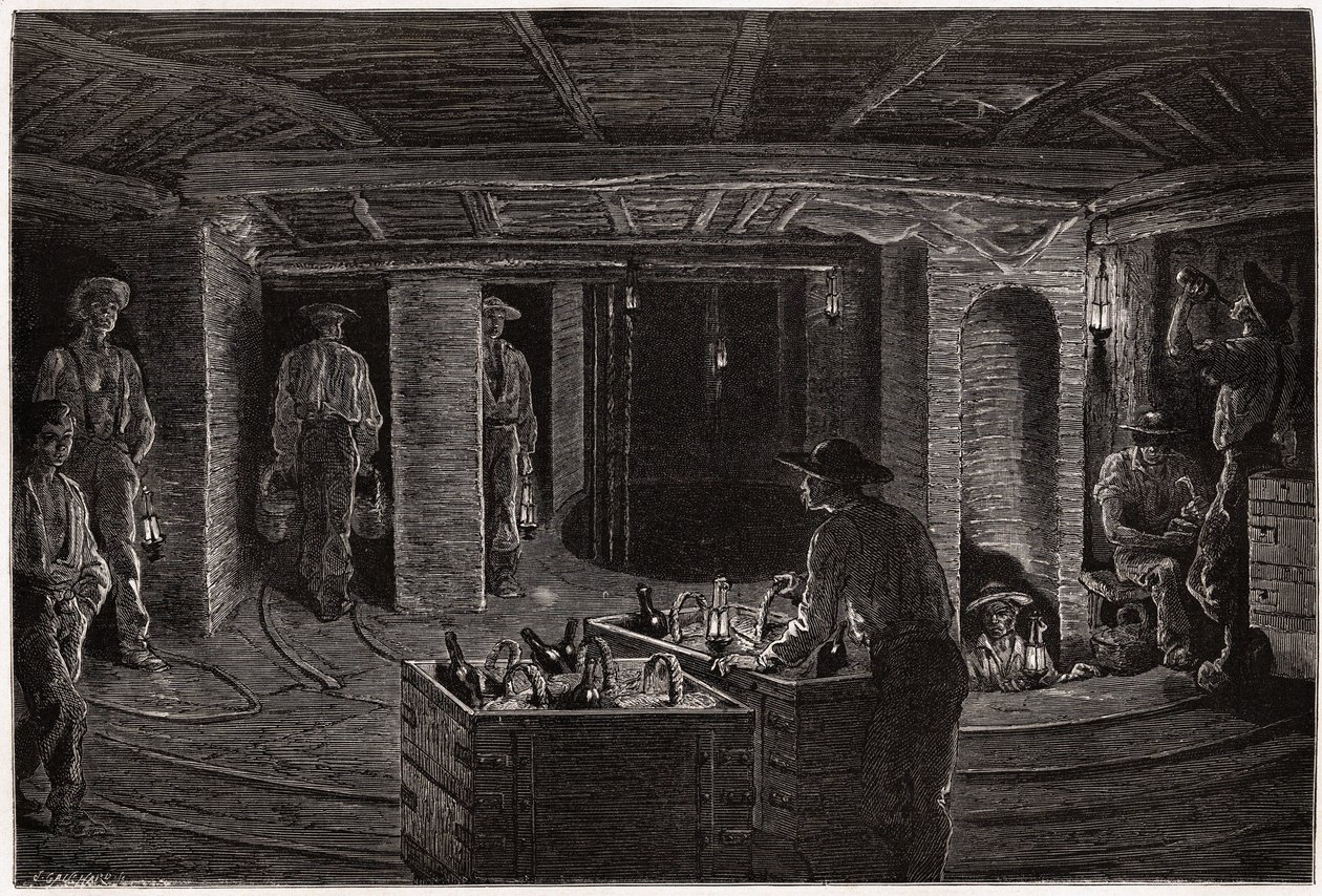 Ontbijt in de mijn, distributie en consumptie van mandmaaltijden aan mijnwerkers in de kolenmijngalerijen van de Creusot. Gravure ter illustratie van een reis naar de Creusot en de mijnen van Saone en Loire, in 1865, door L. Simonin, in 
