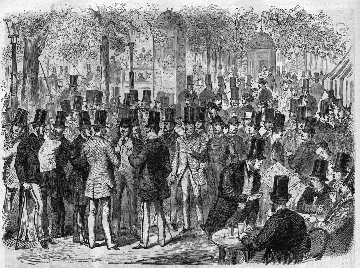 Makelaars bij de kleine Beurs van de Boulevard des Italians in Parijs, Frankrijk. Gravure in 