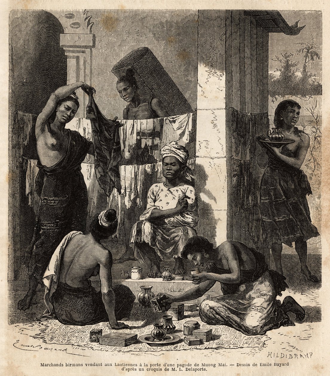 Birmese handelaren verkopen stoffen en parfums aan Laotiaanse vrouwen bij de deur van een pagode in Muong Mai. Gravure ter illustratie van de ontdekkingsreis in Indochina, door Francis Garnier, luitenant de Vaissseau, in 1866-1868, gepubliceerd in 