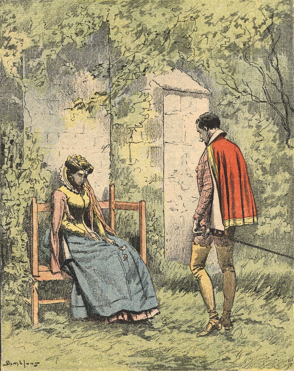 Bussy en Diane, bekend als Madame de Monsoreau, in de tuin gereed van de kerk. Illustratie van de roman 