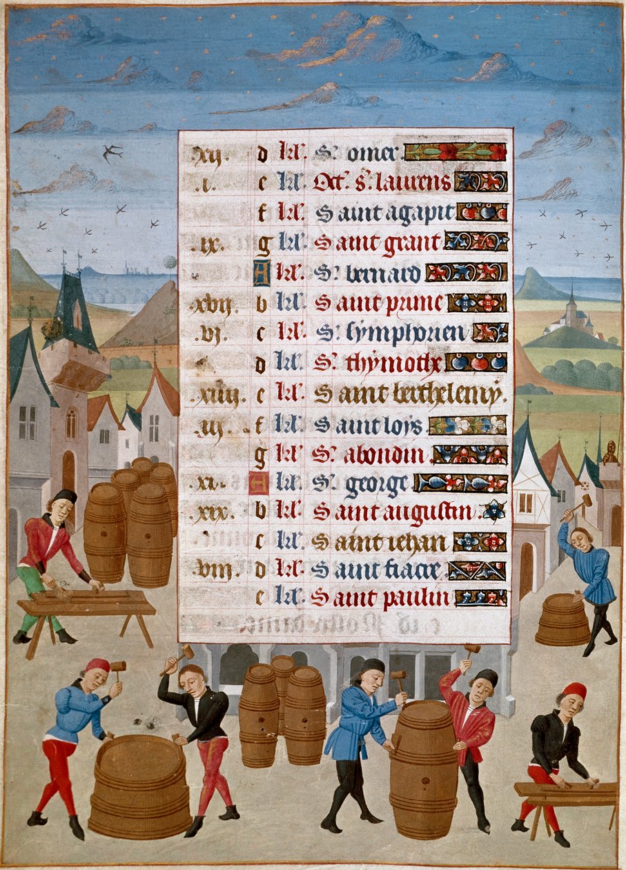 Kalender: Augustus - Fabricage van wijnvaten. Miniatuur van Meester Jean de Rolin uit 