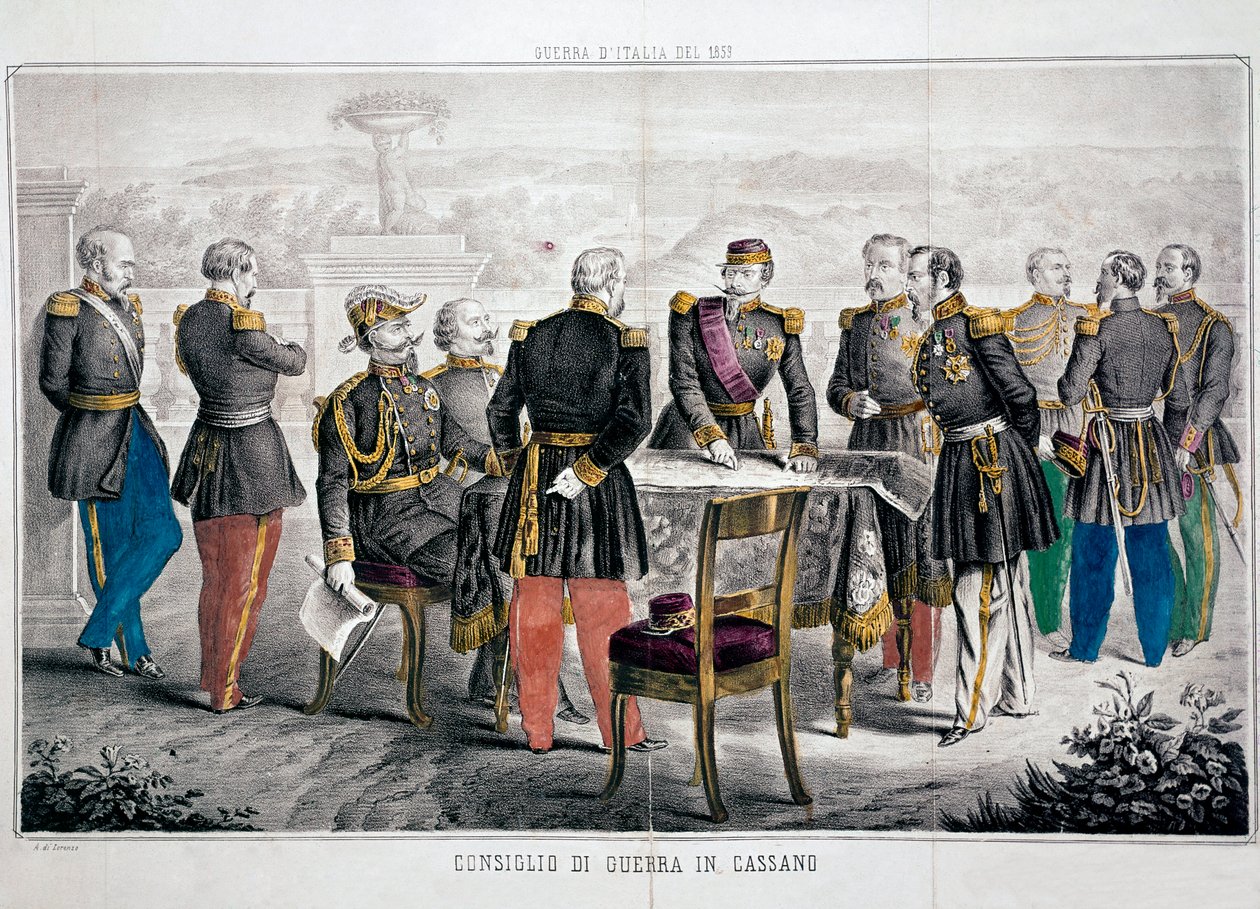 Campagne van Italië 1859: Oorlogsraad van Cassano met de ontmoeting van Vittorio Emanuele II en Keizer Napoleon III. Privécollectie door Unknown artist