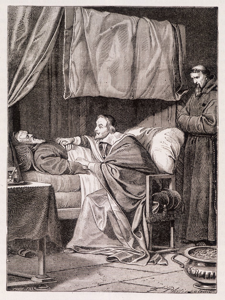 Kardinaal Richelieu aan het sterfbed van Vader Joseph - gravure door Unknown artist