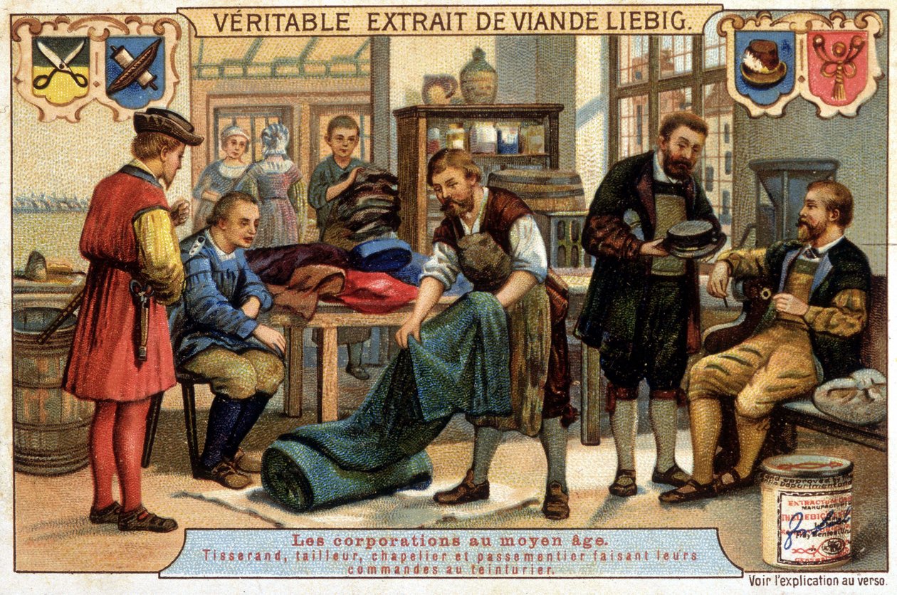 Beroepen in de Middeleeuwen: wever, kleermaker, hoedenmaker en pasteibakker die de stomerij bestelt - chromo Liebig door Unknown artist