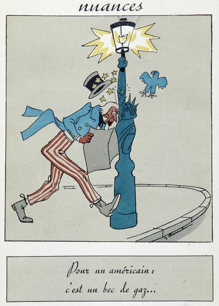 Cartoon die het Vrijheidsbeeld toont met een gasbek die de fakkel vervangt. door Unknown artist