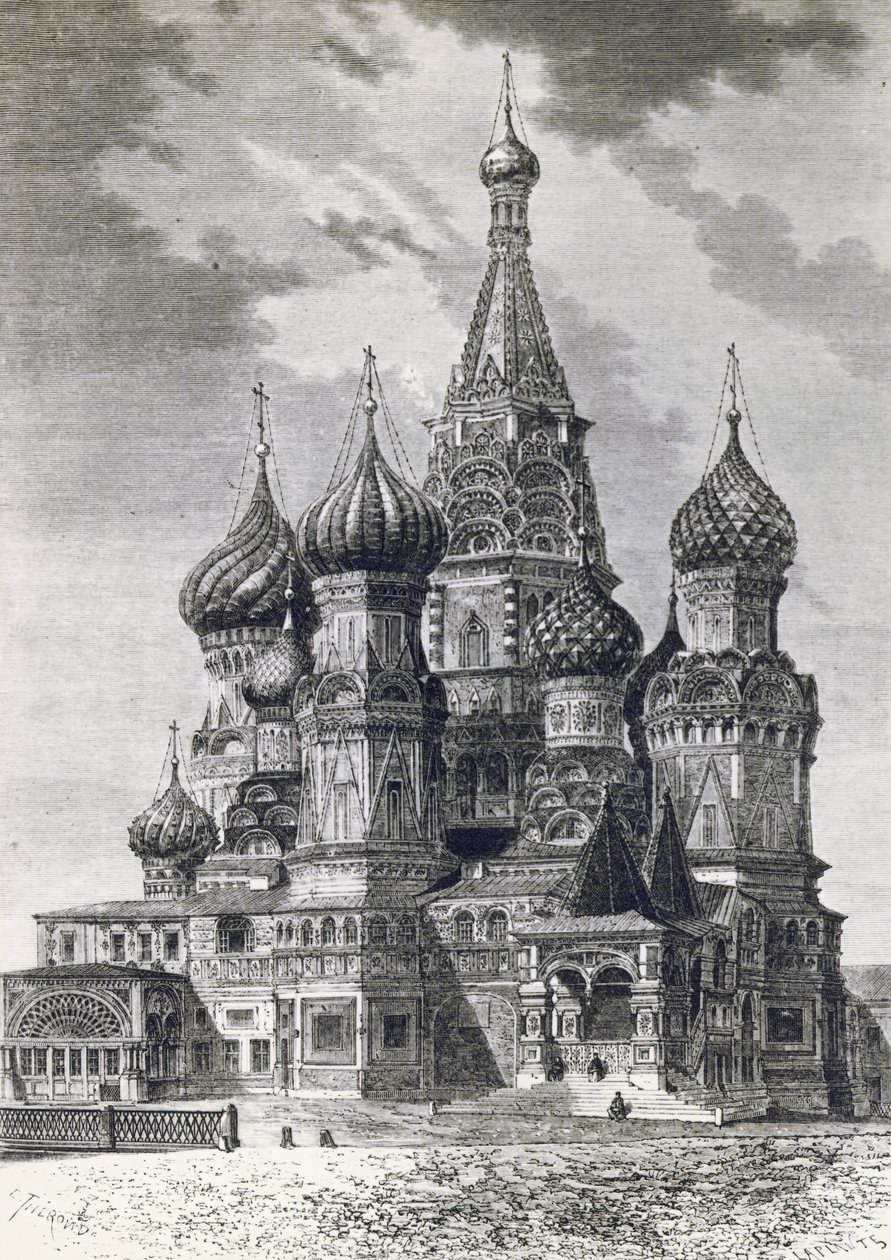Kathedraal van de Bescherming van de Allerheiligste Theotokos op de Gracht of Sint-Basiliuskathedraal op het Rode Plein in Moskou, Rusland, gravure uit Vrij Rusland door Unknown artist